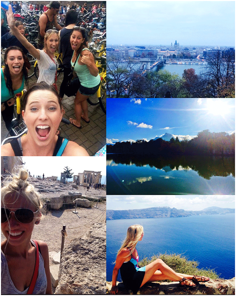 Collage of photos from Amsterdam, Athens, Santorini, Salzburg, and Budapest