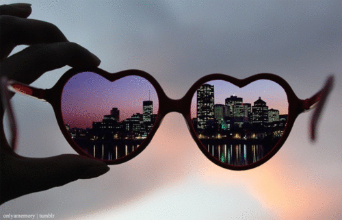 Landscape views through heart shaped glasses