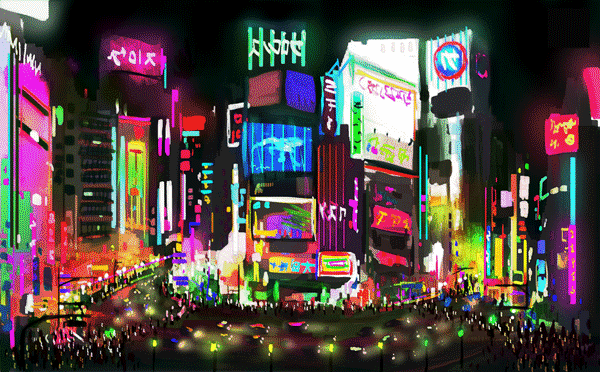 colorful japanese city lit up at night