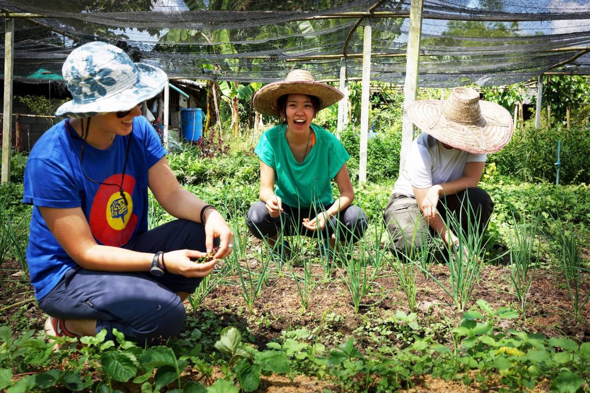 3 students wearing hats are crouched in a field planting seeds and laughing as they work.