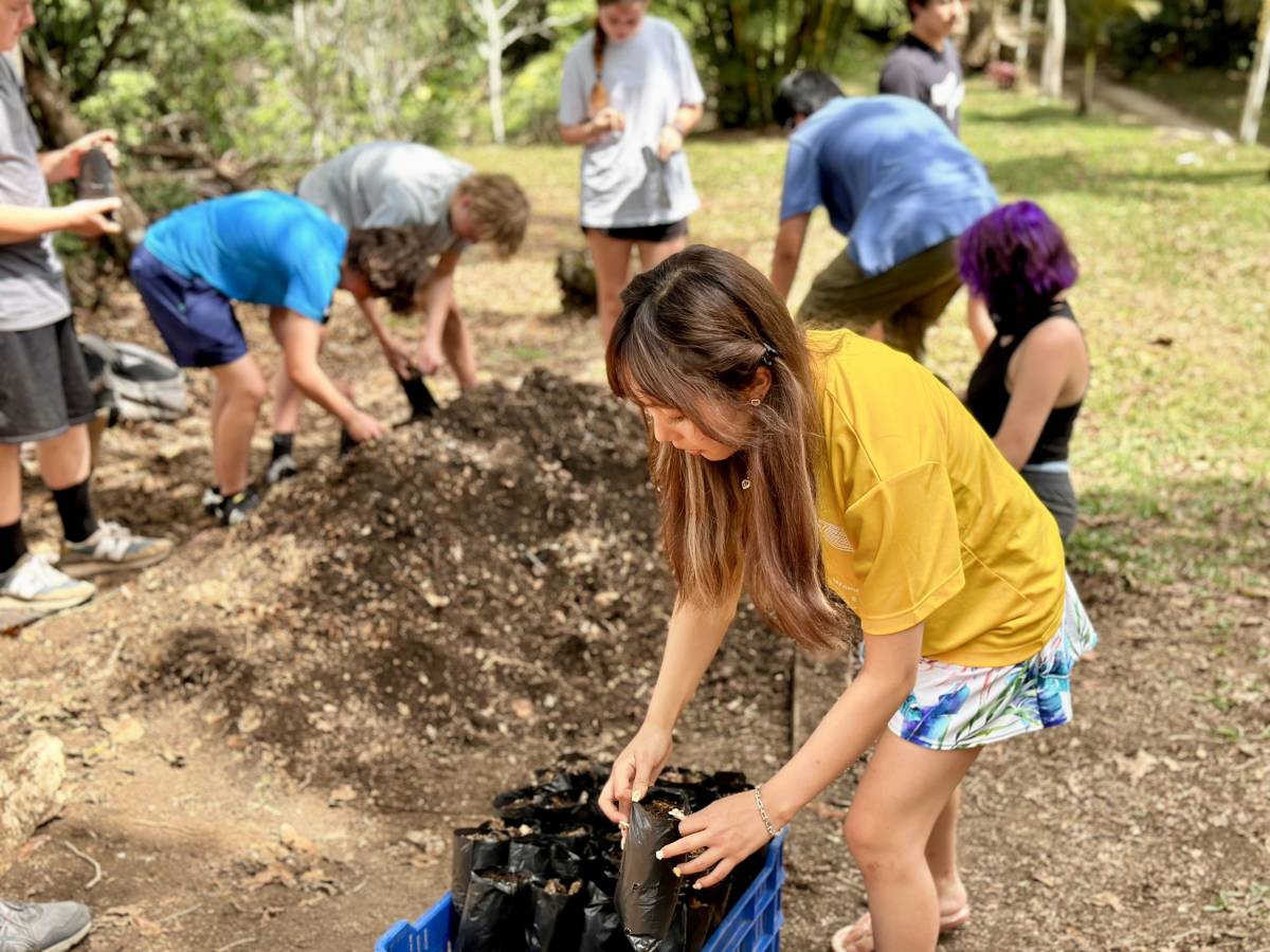 A group of young people gather soil into plastic bags for planting.
