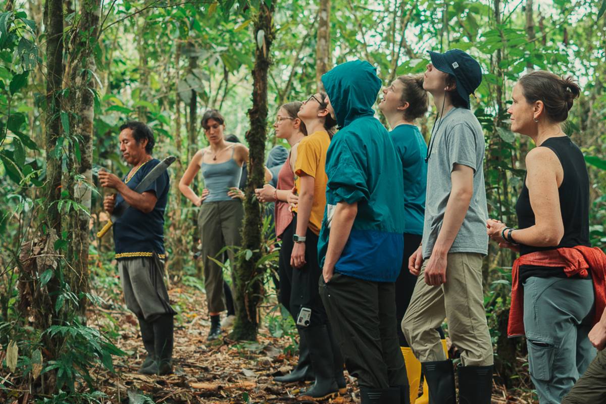A group of young people look towards a man with a machete, all facing the trees.