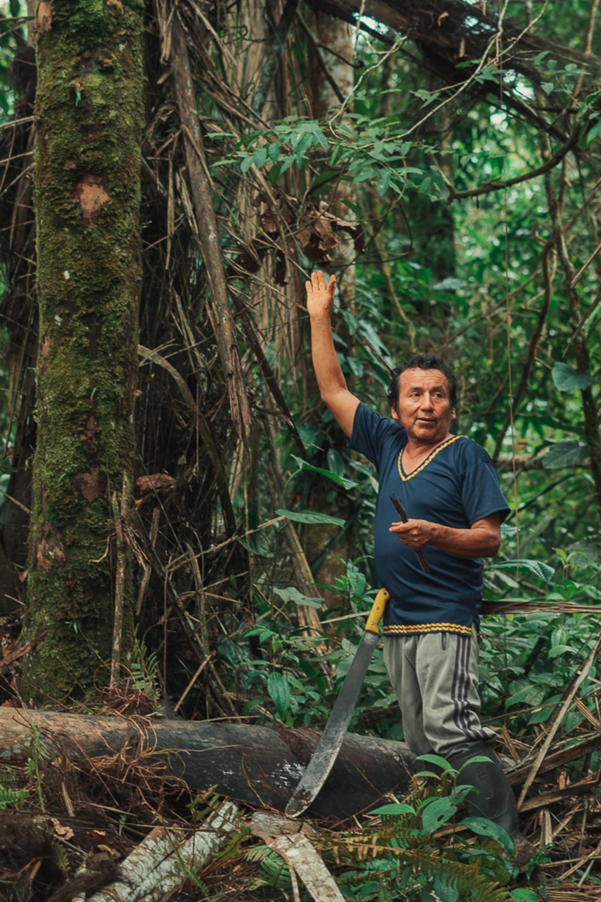 A man standing in front of trees indicates upward, in midst of an explanation