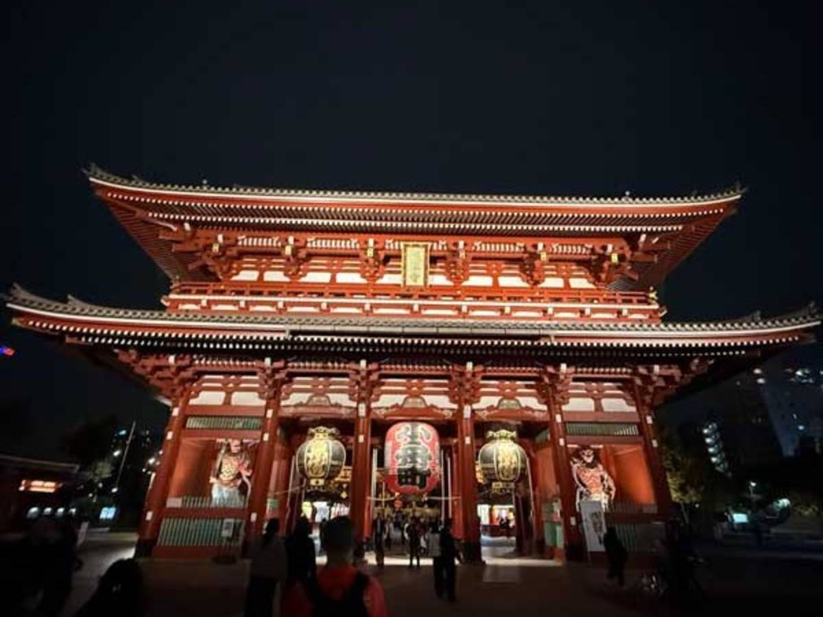 Brightly lit red Senso-Ji temple at night