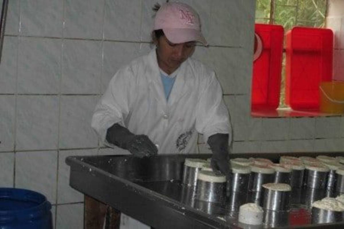 Woman moulding the cheese.