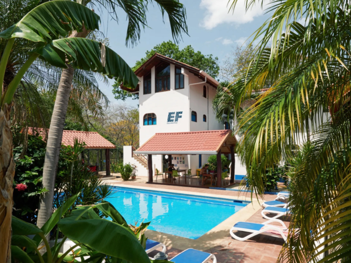 EF Playa Tamarindo language school building in Costa Rica, surrounded by palm trees, with a swimming pool and sun loungers in the foreground.