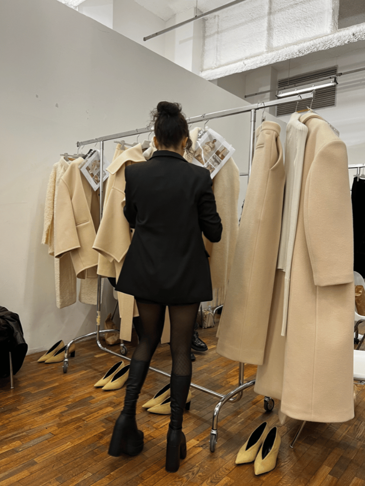 Fashion design student in Milan working with samples