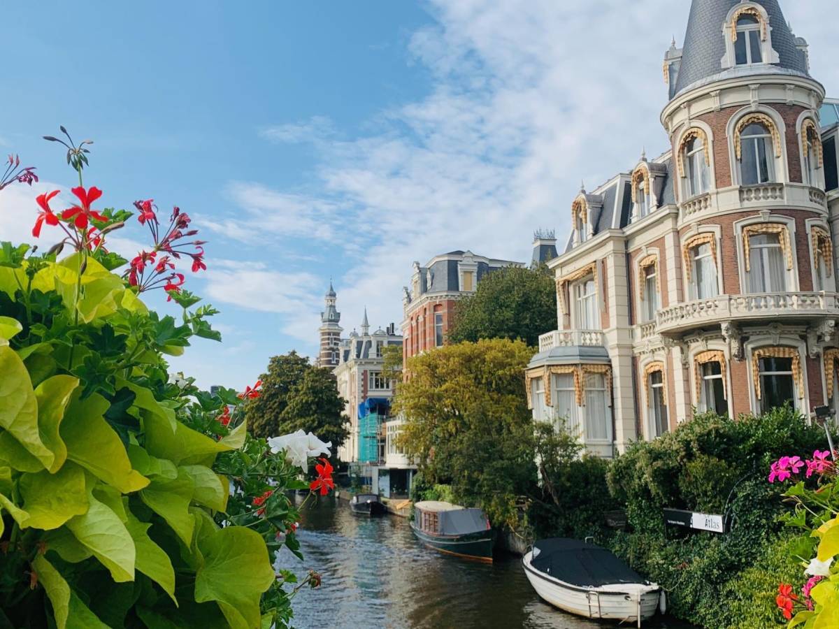 Flowers next to a canal in Amsterdam.