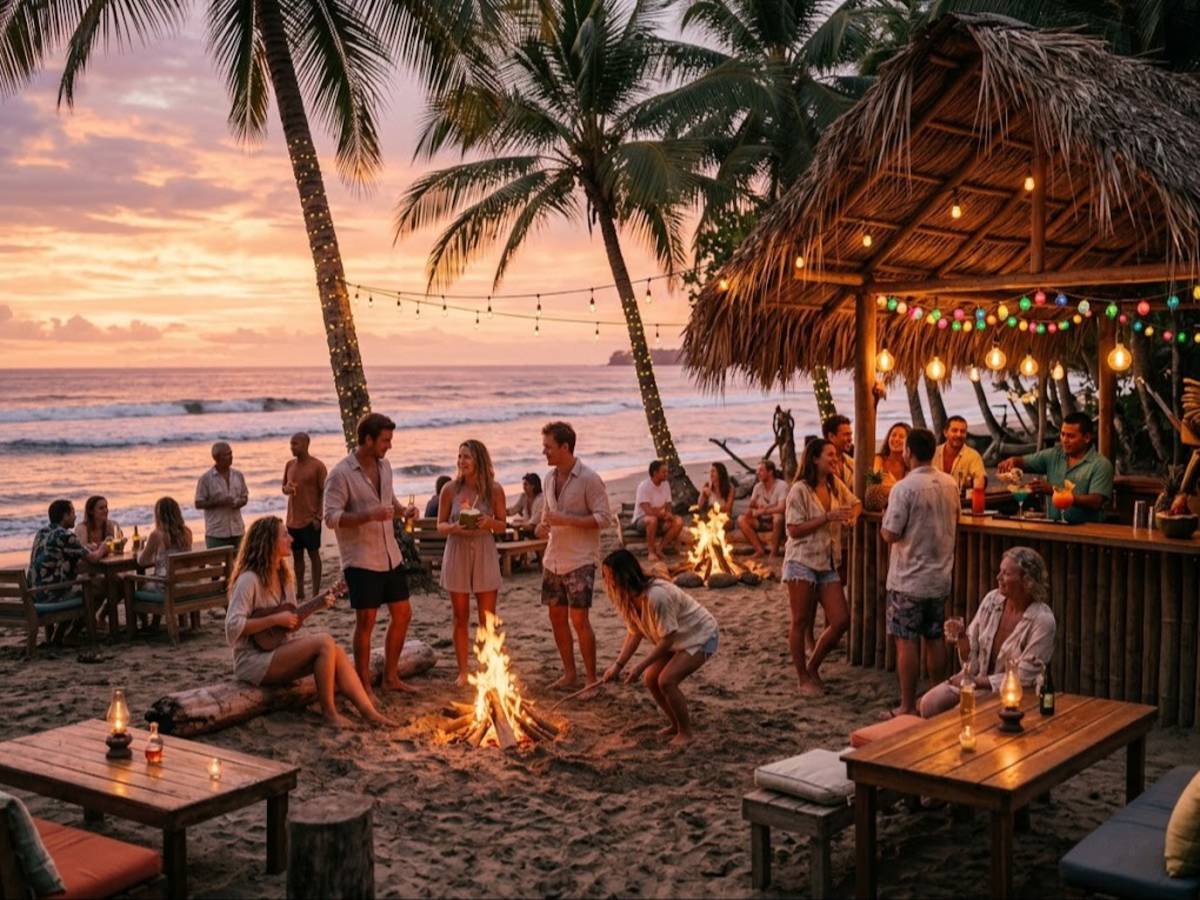 Friends gathering around beach bonfire by tropical bar at sunset