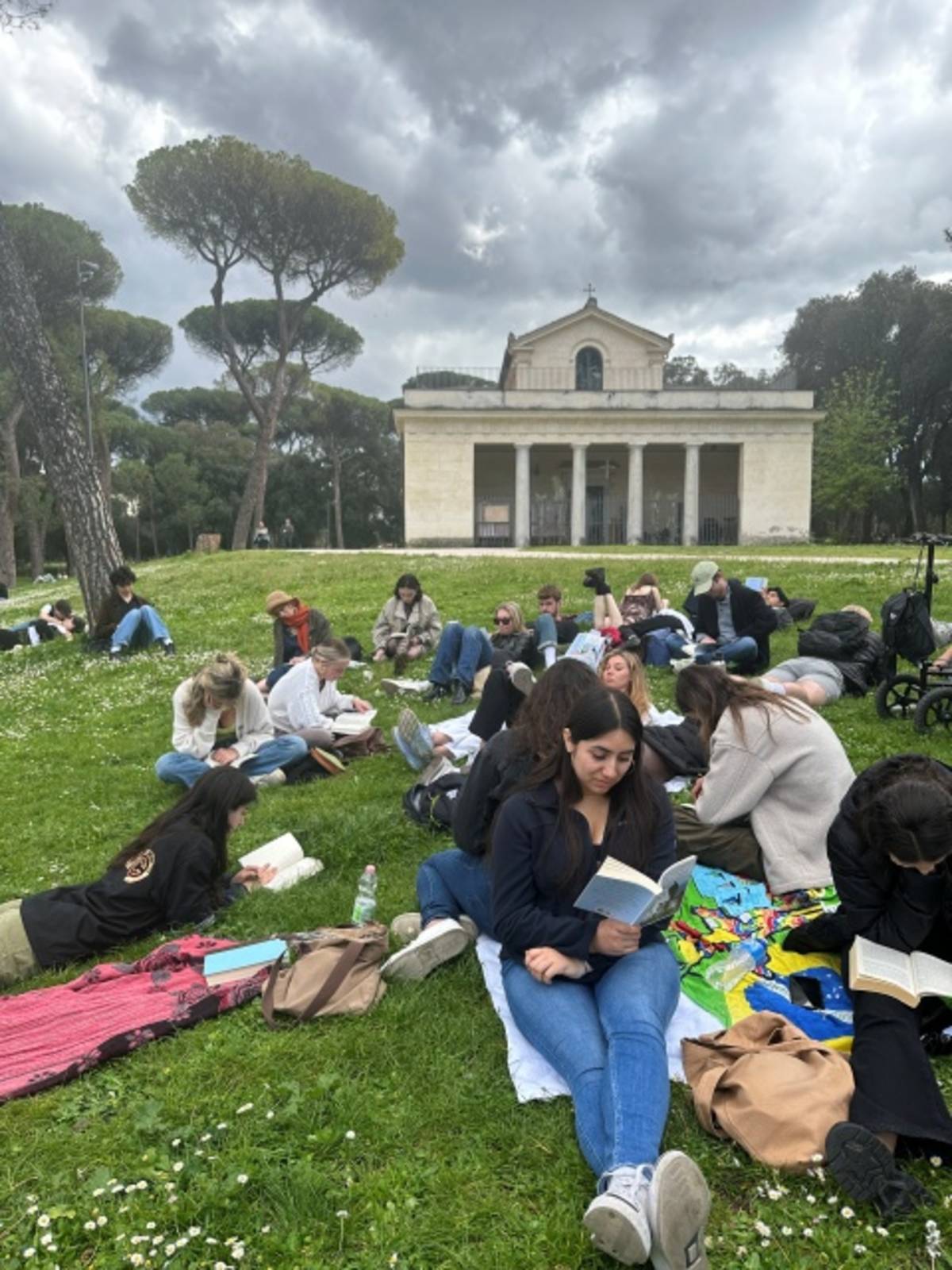 homework in front of Villa Borghese