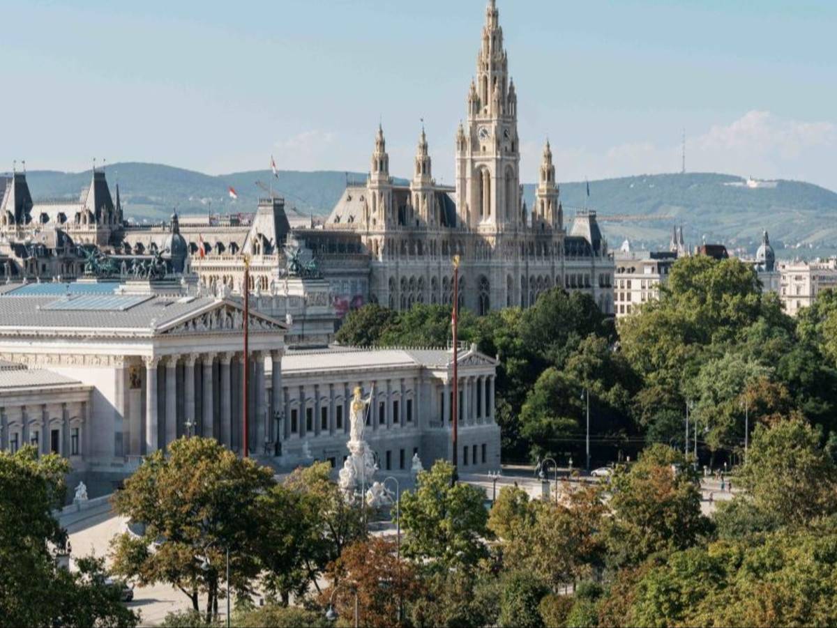 Looking out over the Austrian parliament building in Vienna, Austria.