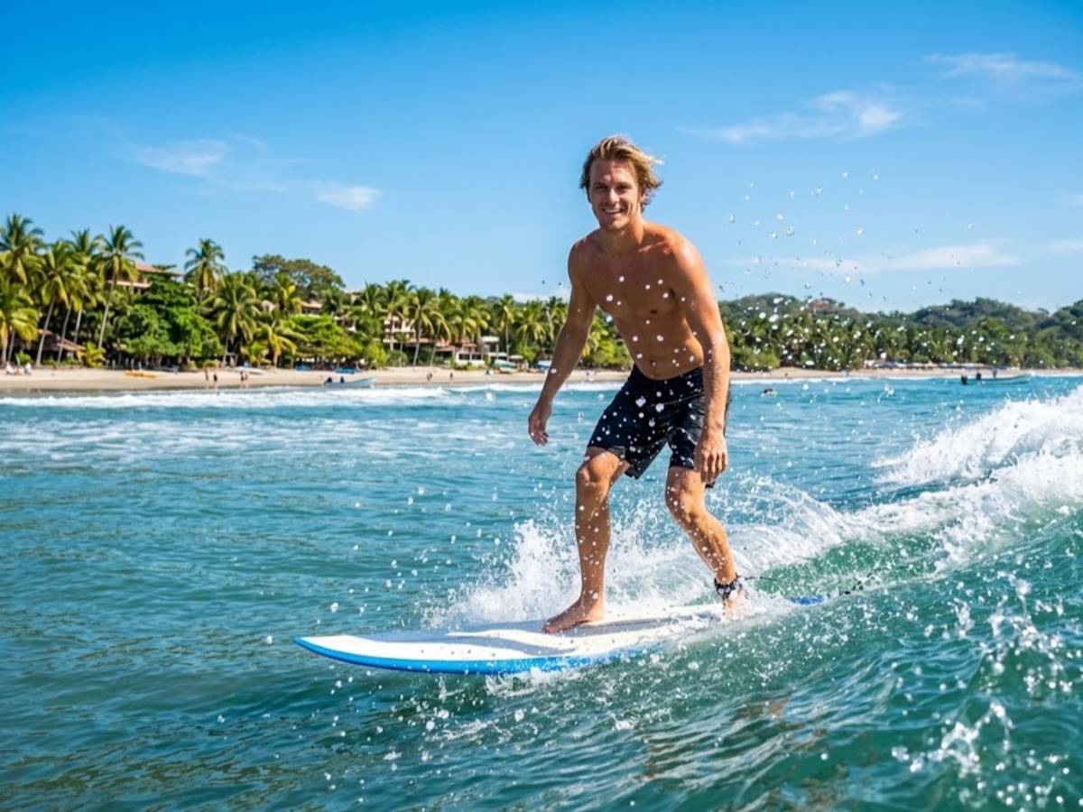 Male surfer riding a tropical wave near palm tree shoreline in Costa Rica.