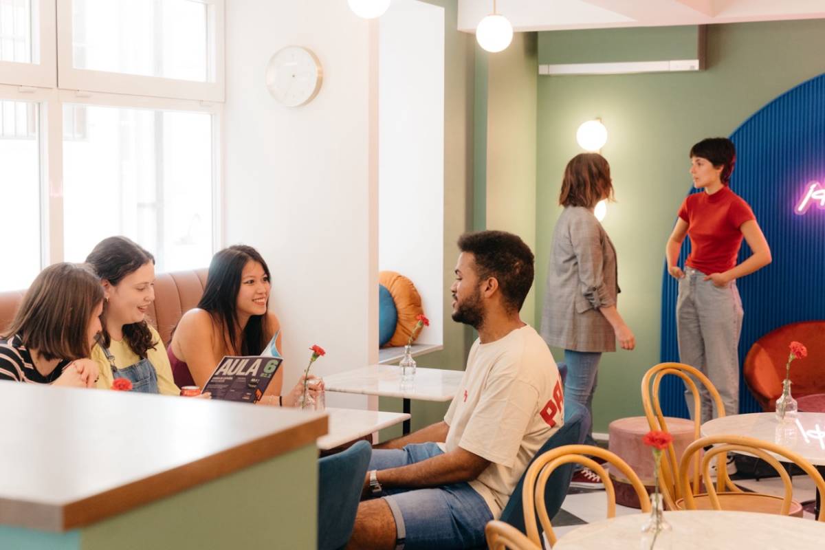 people talking inside a building