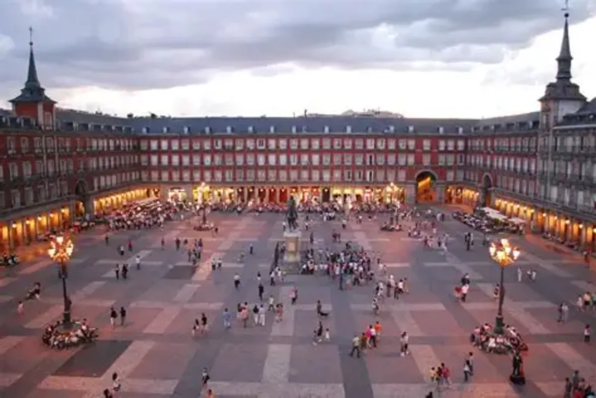 Plaza Mayor square in Madrid Spain with historic architecture and people, a popular destination for TEFL teachers