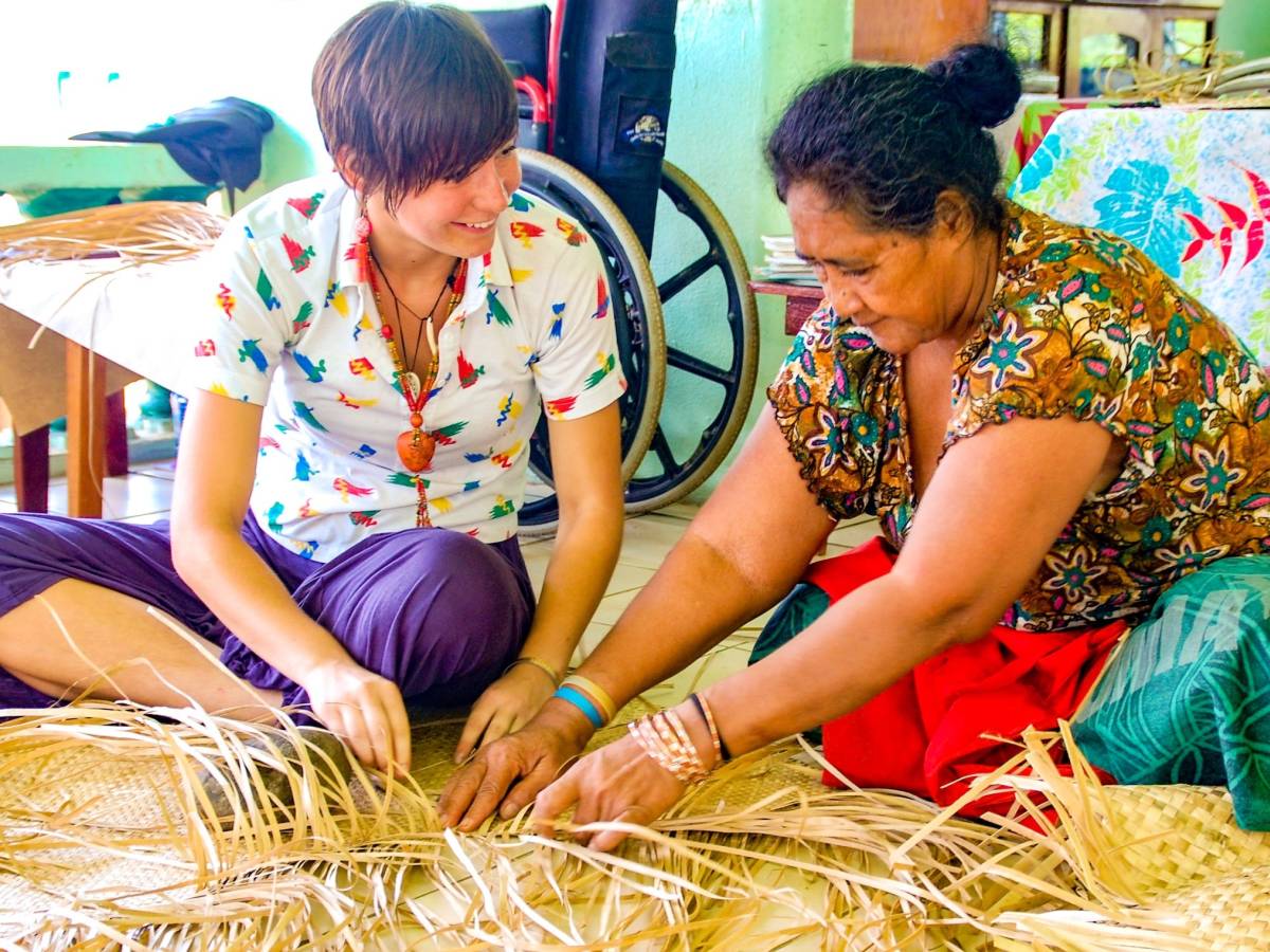 Student learning basket weaving
