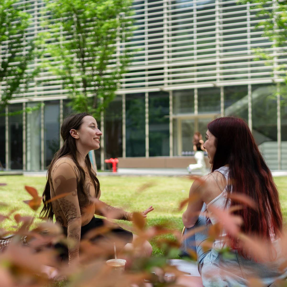 Students chat on campus.