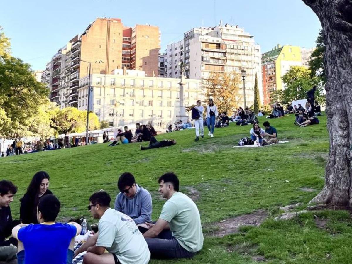 Students sitting in a park on a sunny day