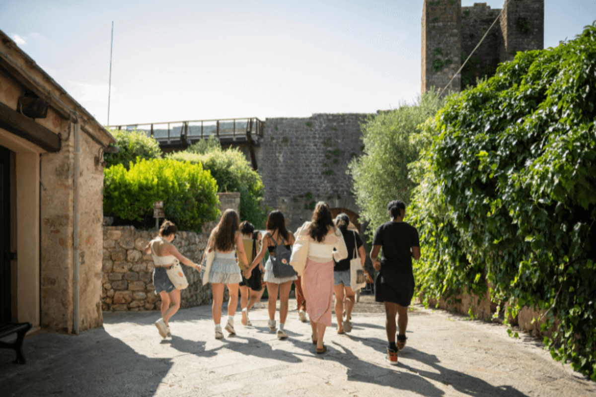 Students walk around campus