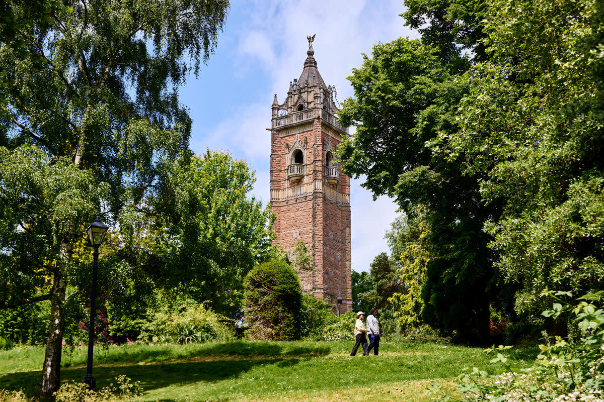 Students walking by Cabot Tower on Brandon Hill