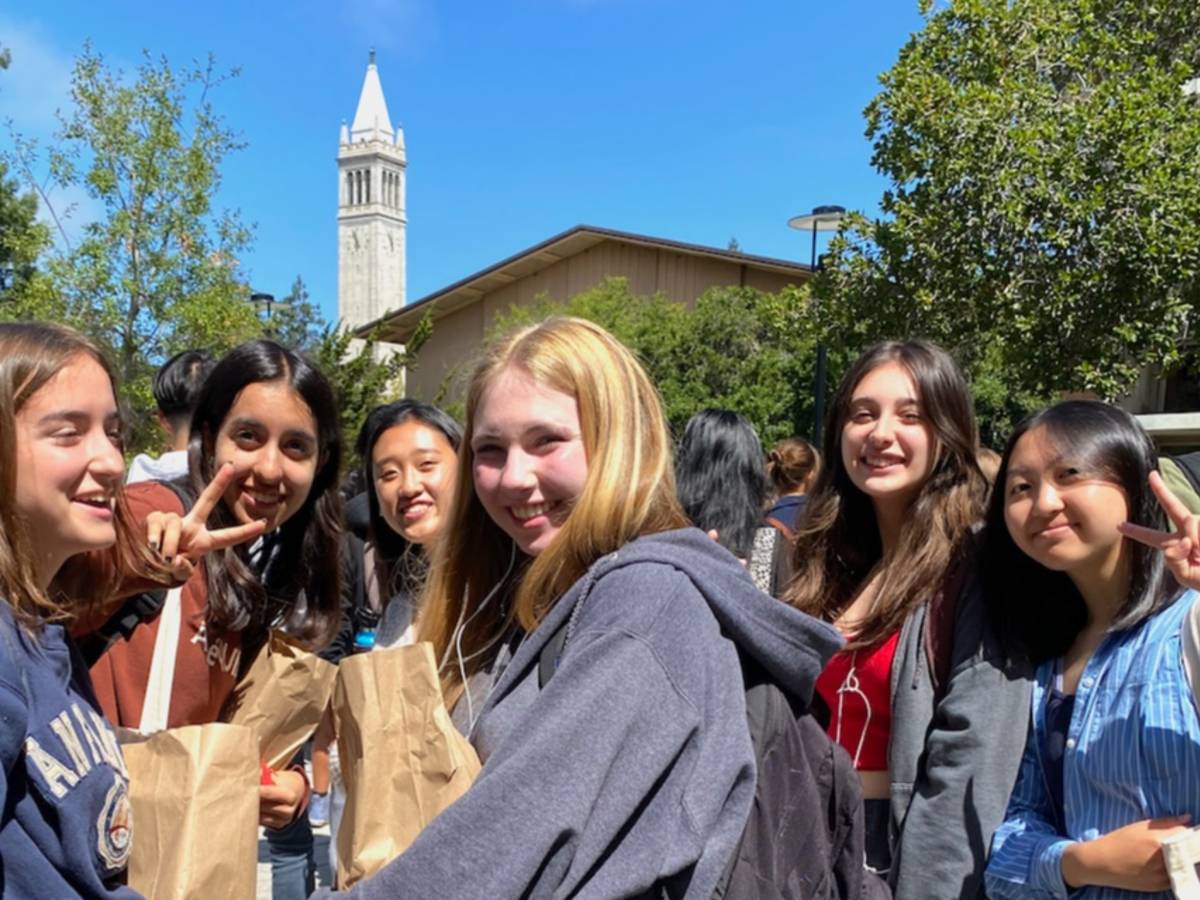 students with Campanile in background