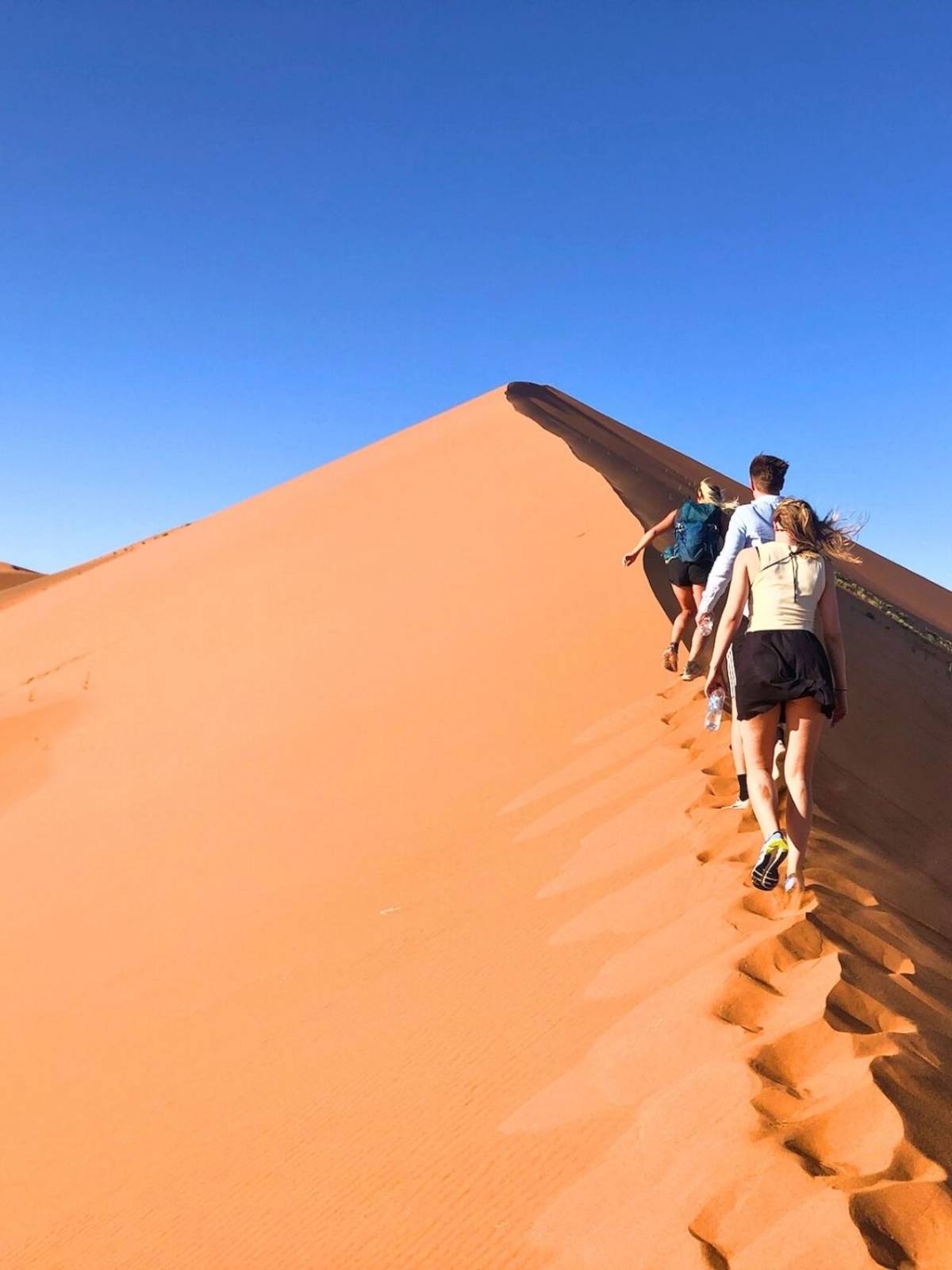Three interns climbing a towering red sand dune at Sossusvlei in the Namib Desert under a clear blue sky.