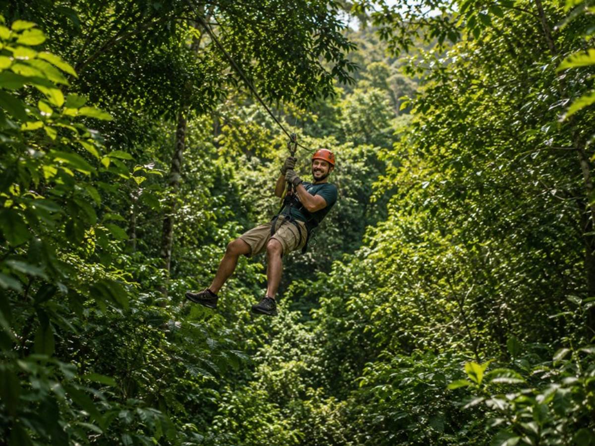 Traveller zip lining through the Costa Rican rainforest
