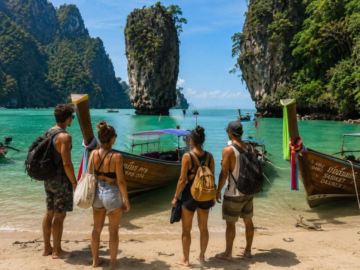 Travellers beside longtail boats on a tropical Thai beach