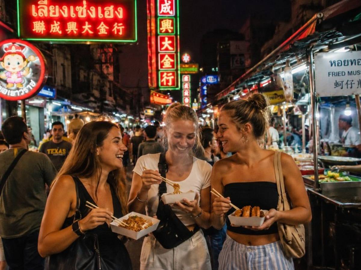 Travellers eating street food in Bangkok Chinatown at night
