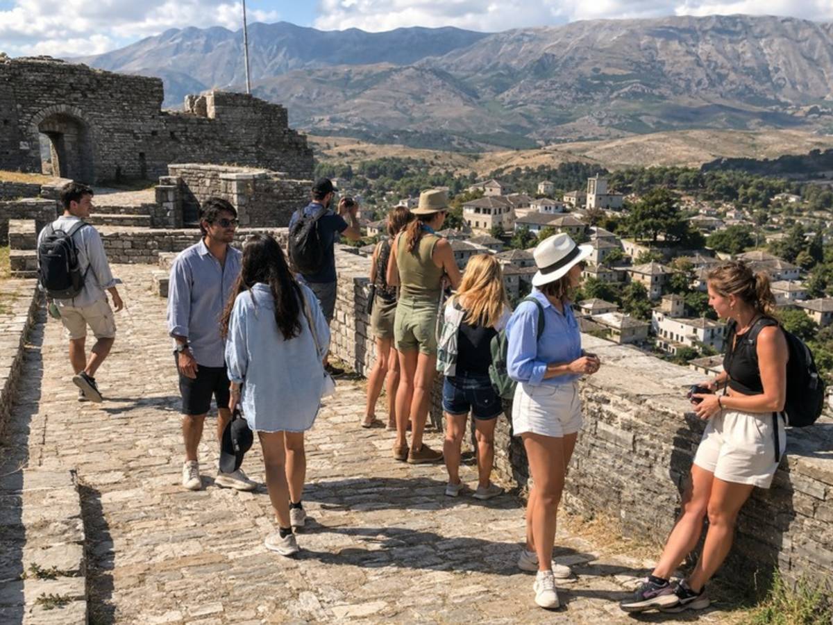 Travellers exploring Gjirokaster Castle in Albania