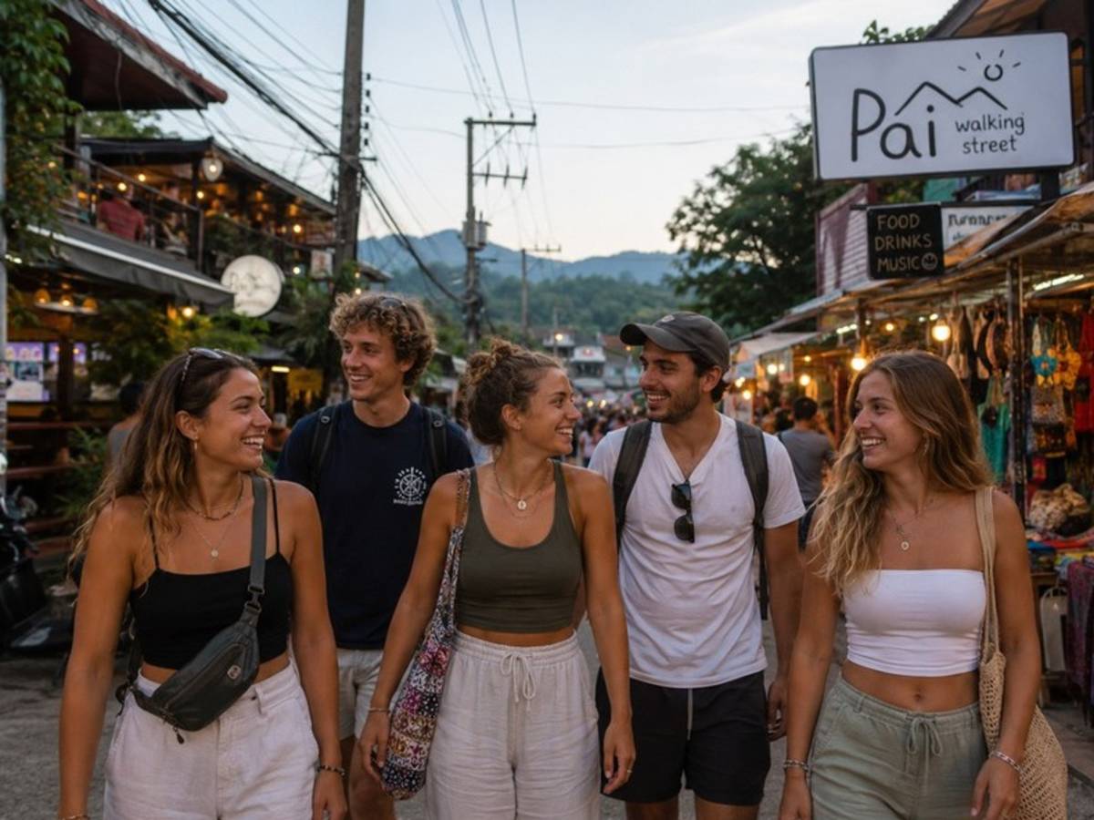 Travellers exploring Pai Walking Street in northern Thailand