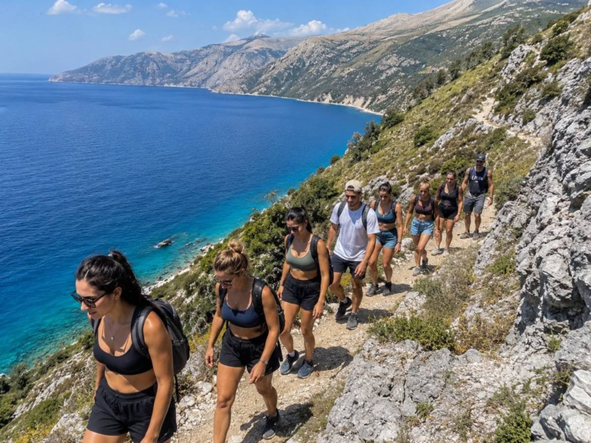 Travellers hiking a coastal mountain trail in Albania