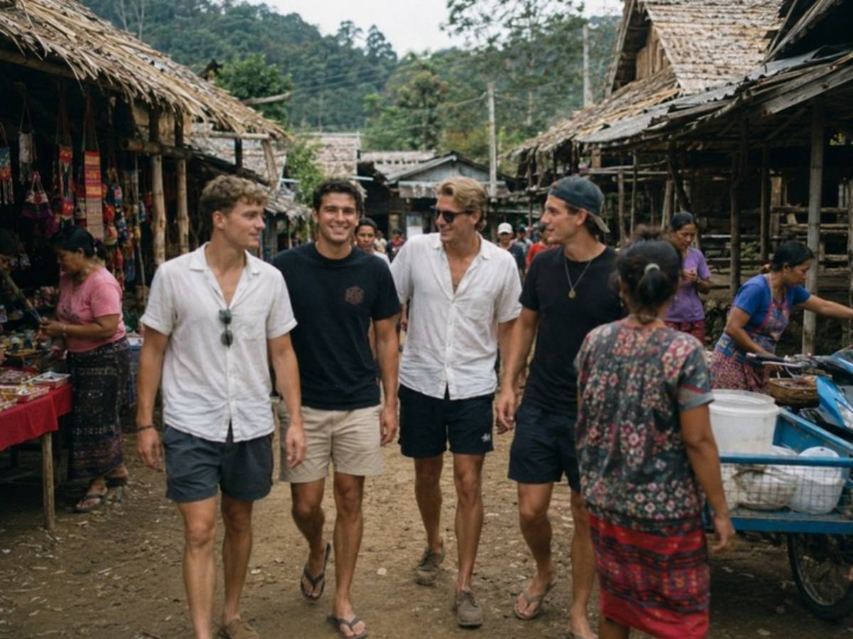 Travellers walking through a traditional Thai village market