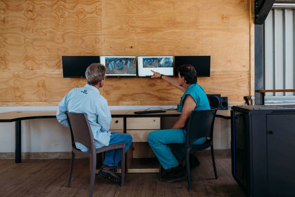 two men observing multiple screens while monitoring veterinary forensic training environments