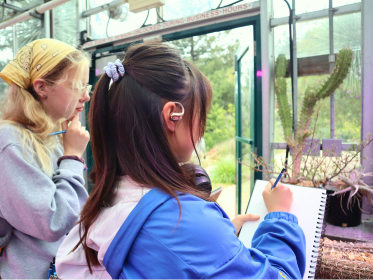 two students drawing in green house