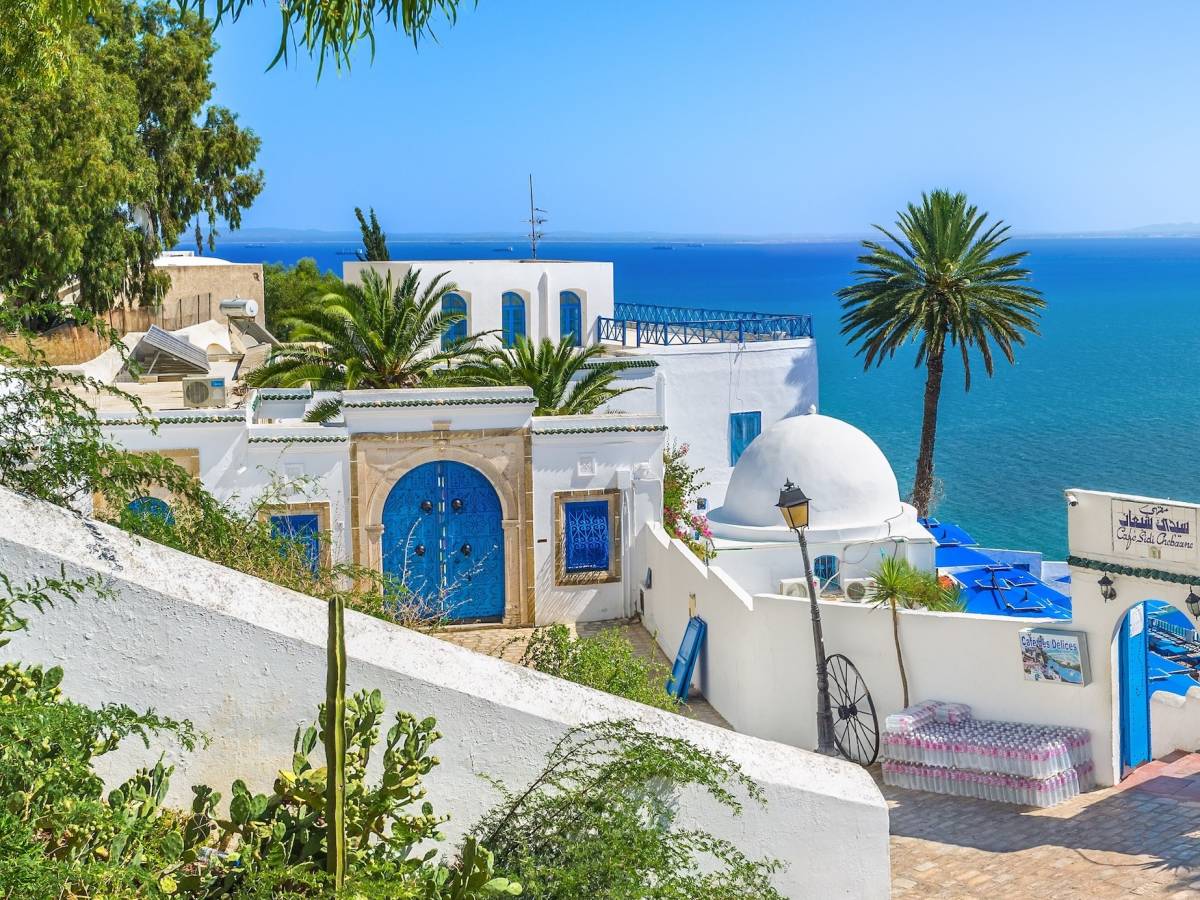 View of white buildings and the sea