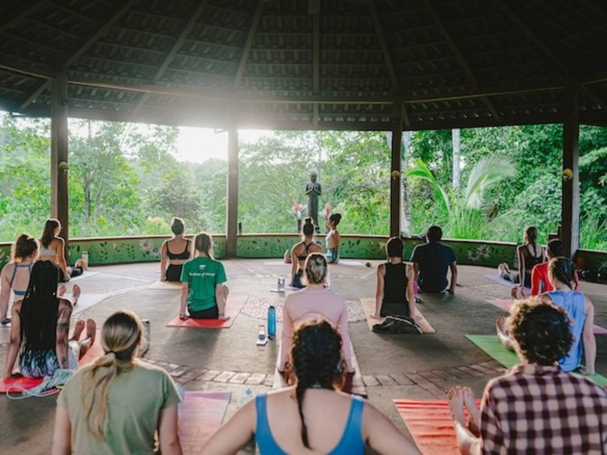Volunteers doing yoga on a local yoga deck in the jungle of Costa Rica