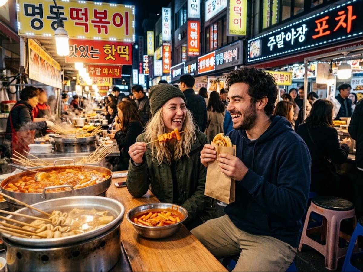 Young travellers eating street food at Myeongdong market in Seoul
