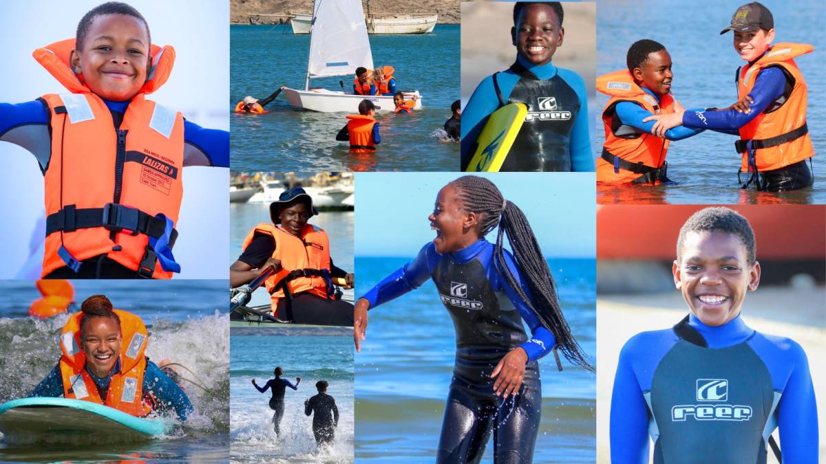 A collage of students surfing, sailing and playing in the ocean.