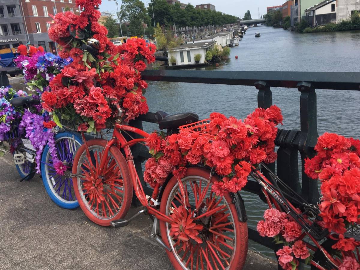 A colorful bike covered with flowers against a bridge in Amsterdam.