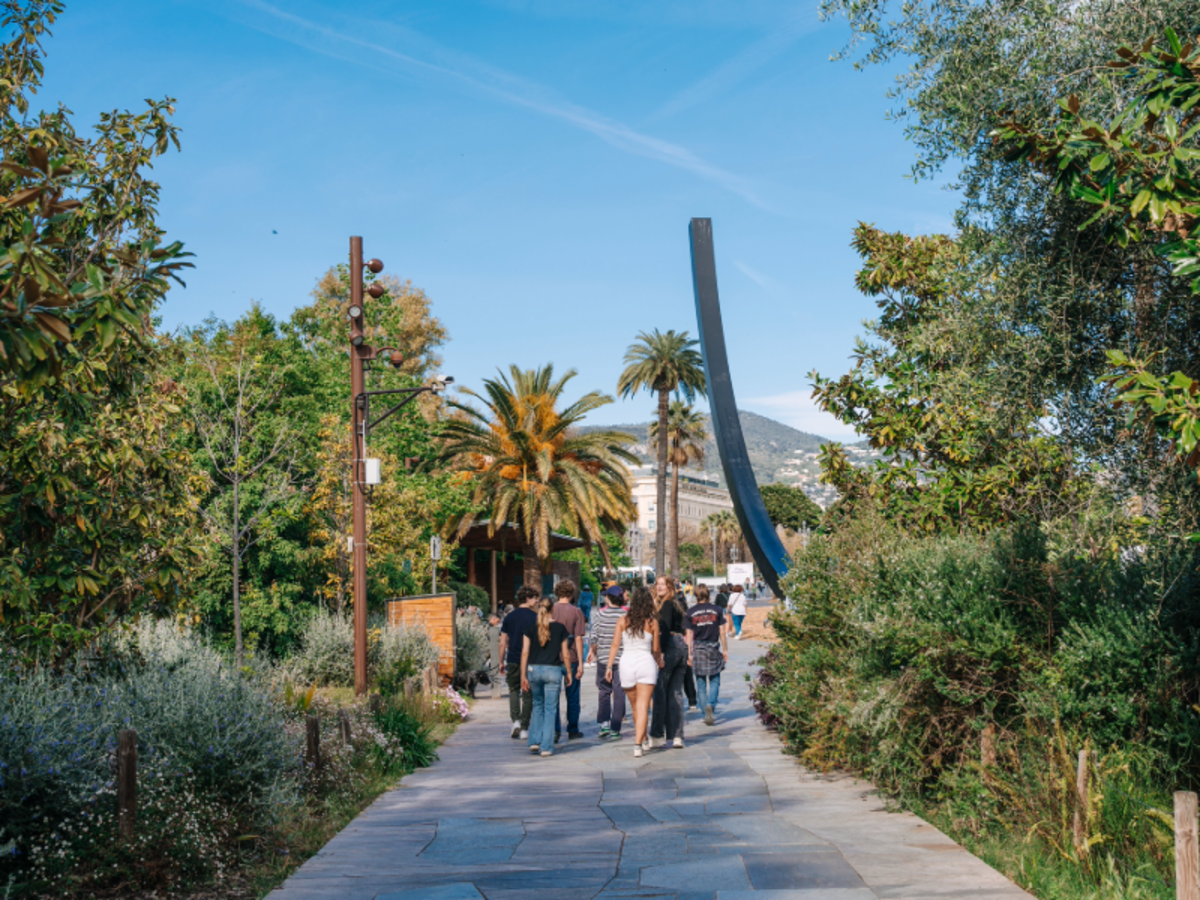 A group of students walking together down a sunny path lined with palm trees and greenery in Nice.