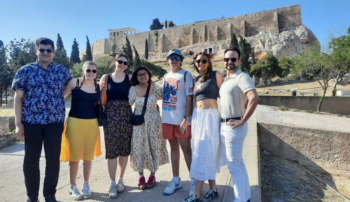 A group standing on a tour in Athens