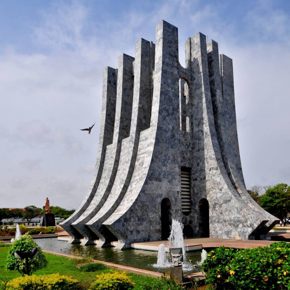 A monument surrounded by water