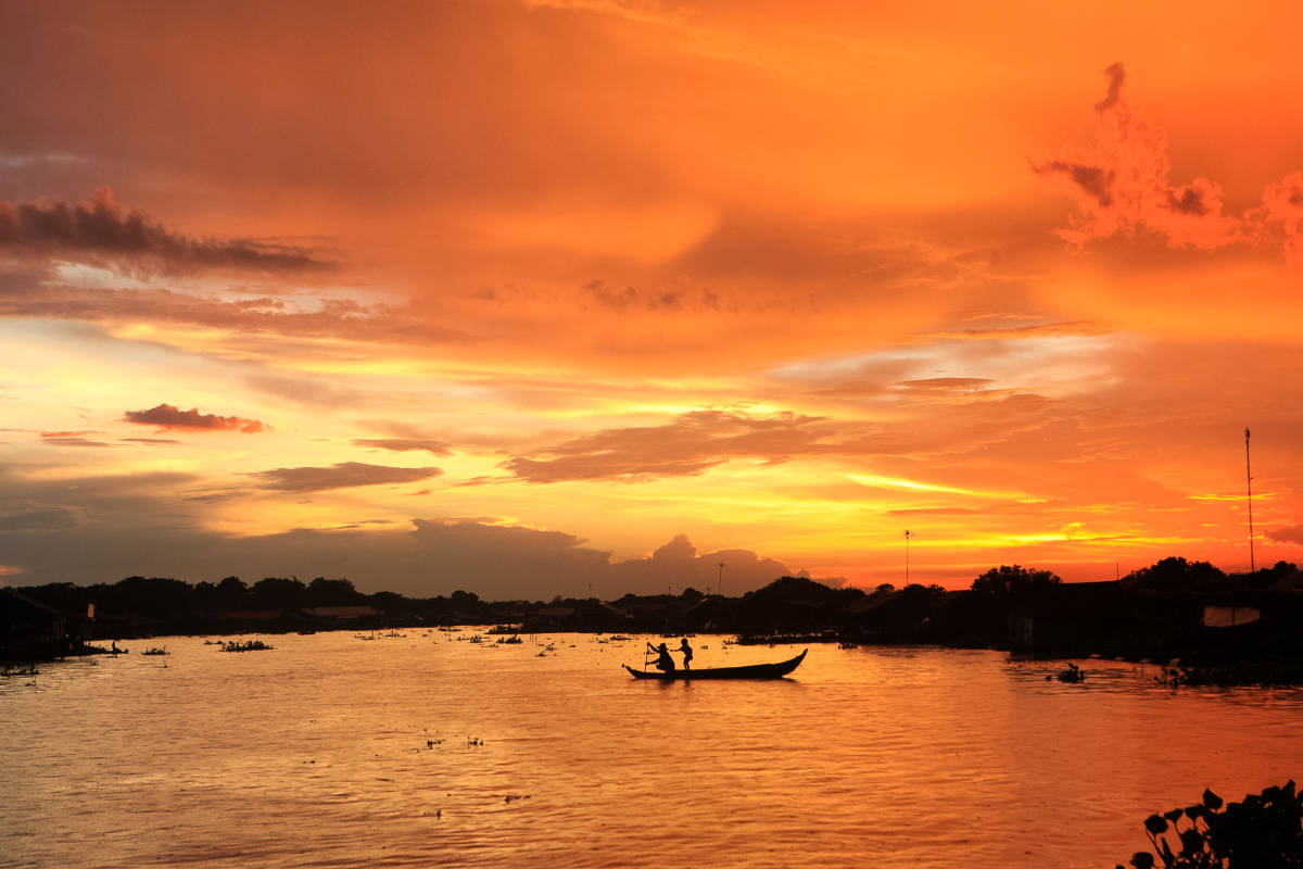 A stunning orange sunset in Cambodia