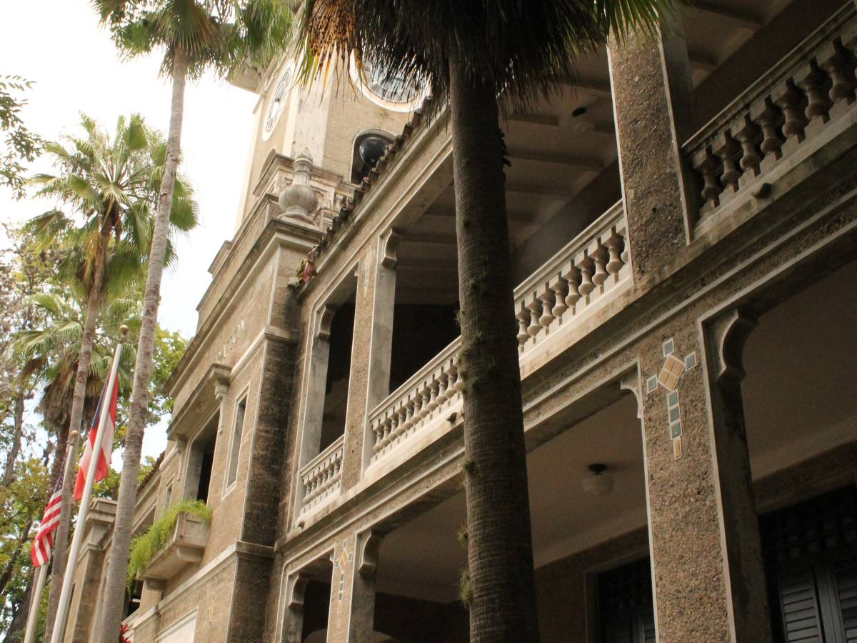 A university building with palm trees
