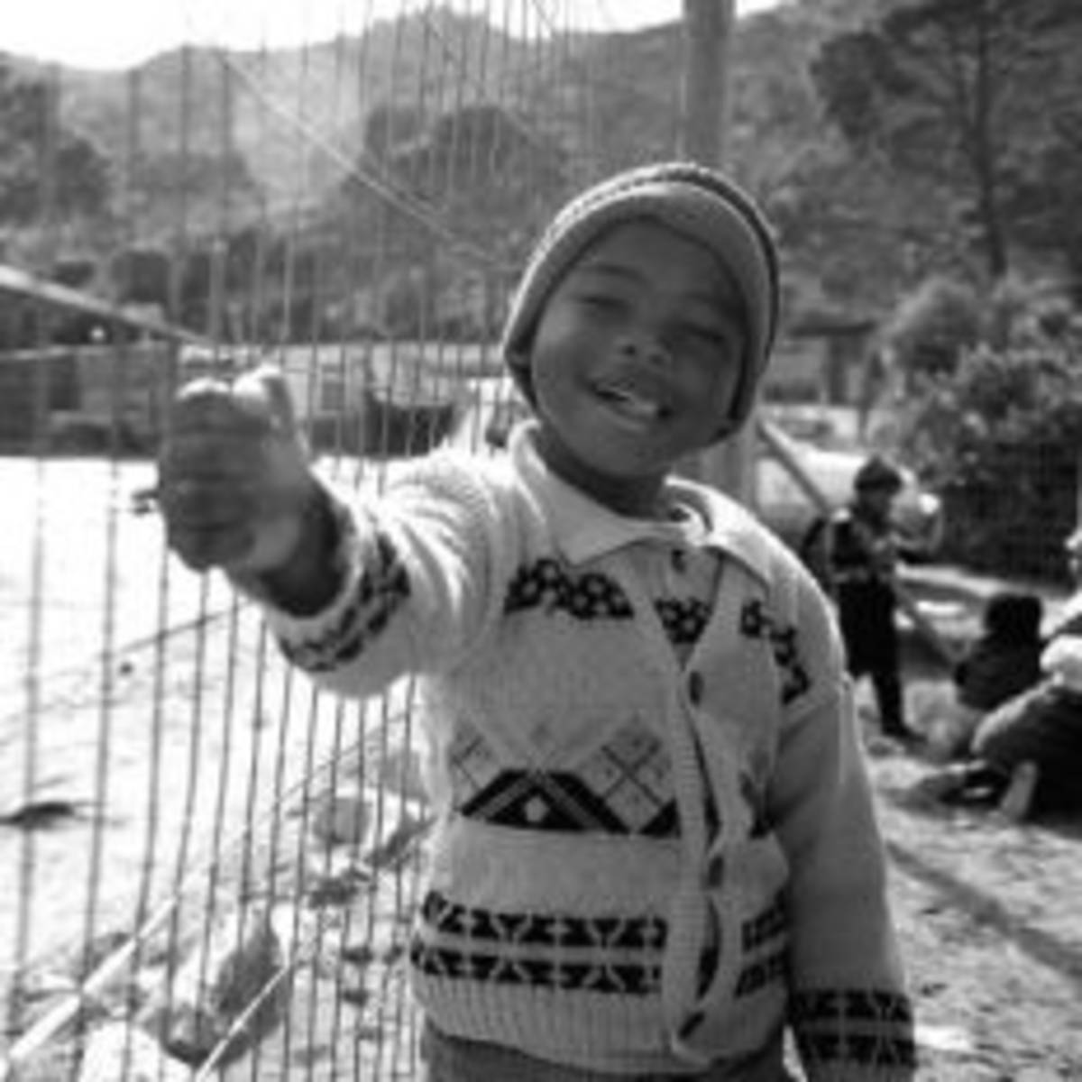 A young boy standing next to a fence with a sign, looking curious.