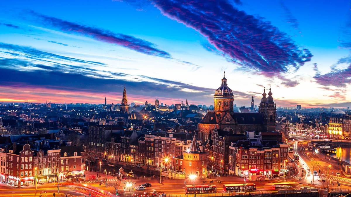 Amsterdam skyline at dusk