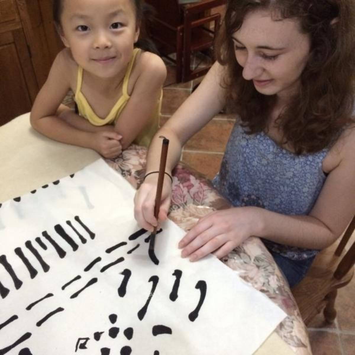 a group of Au pairs are paiting on the fan creativly
