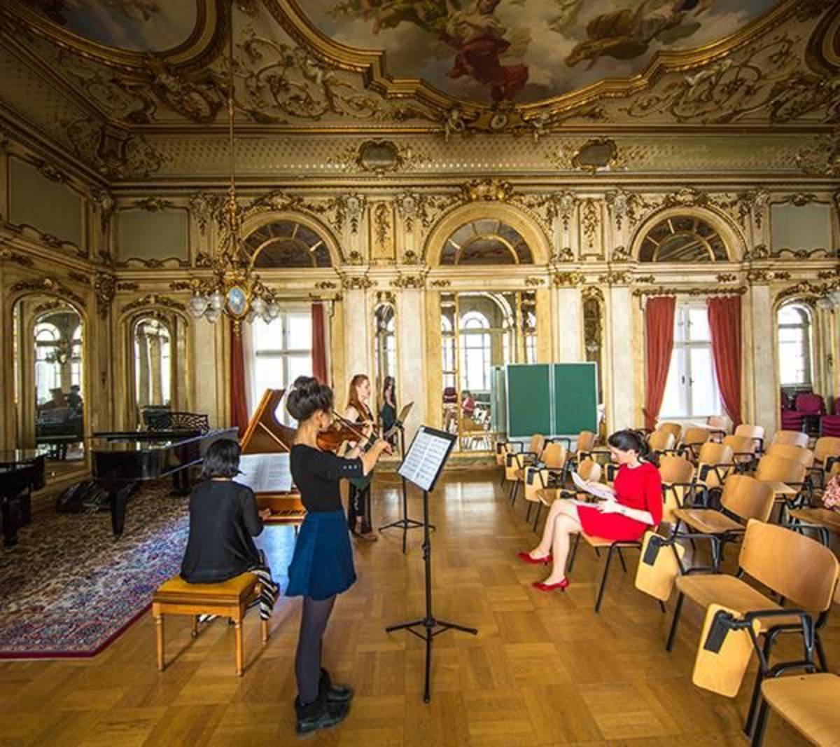 Students playing music in classroom