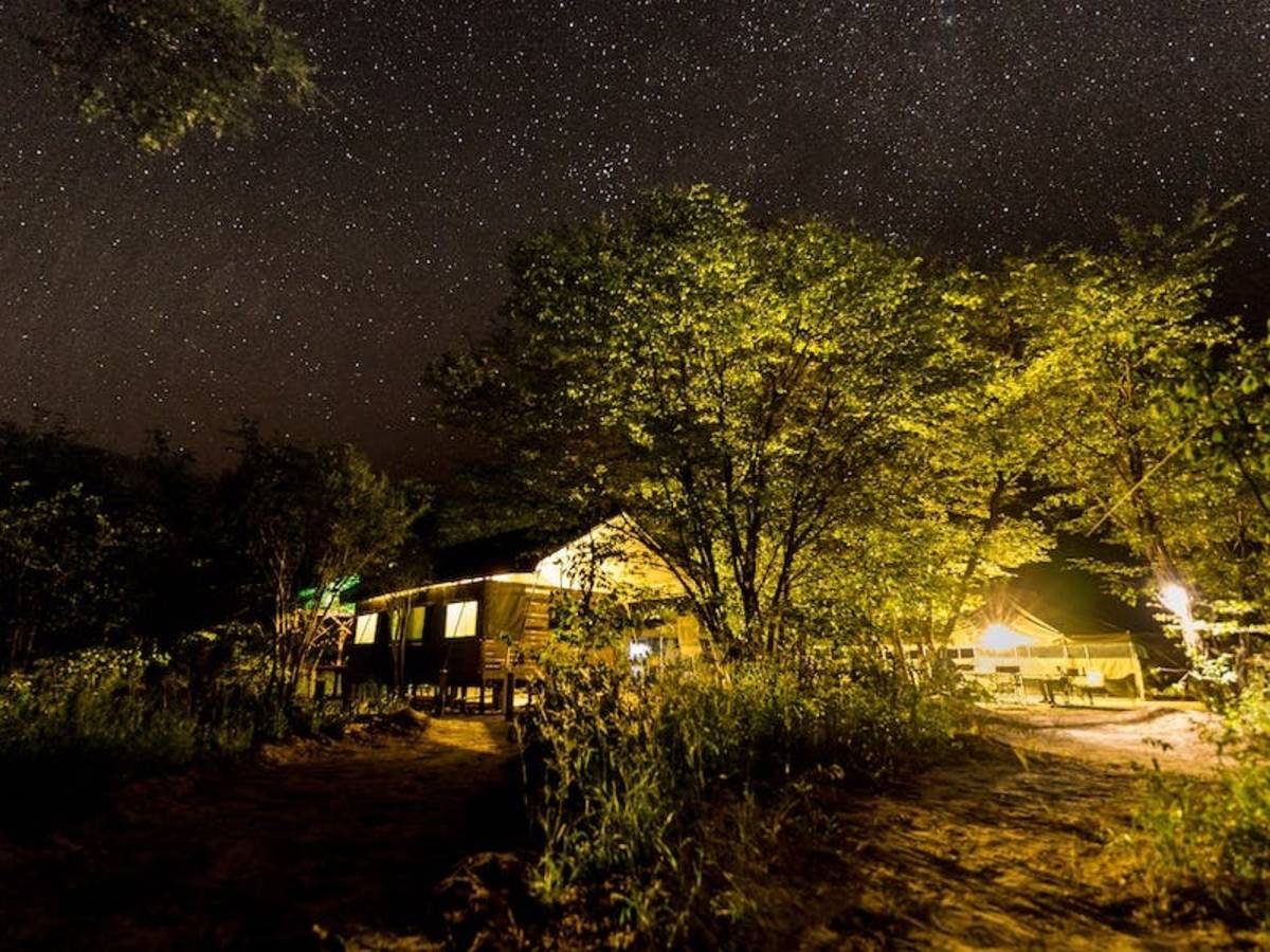 Base Camp in the Okavango at night, with stars shining overhead