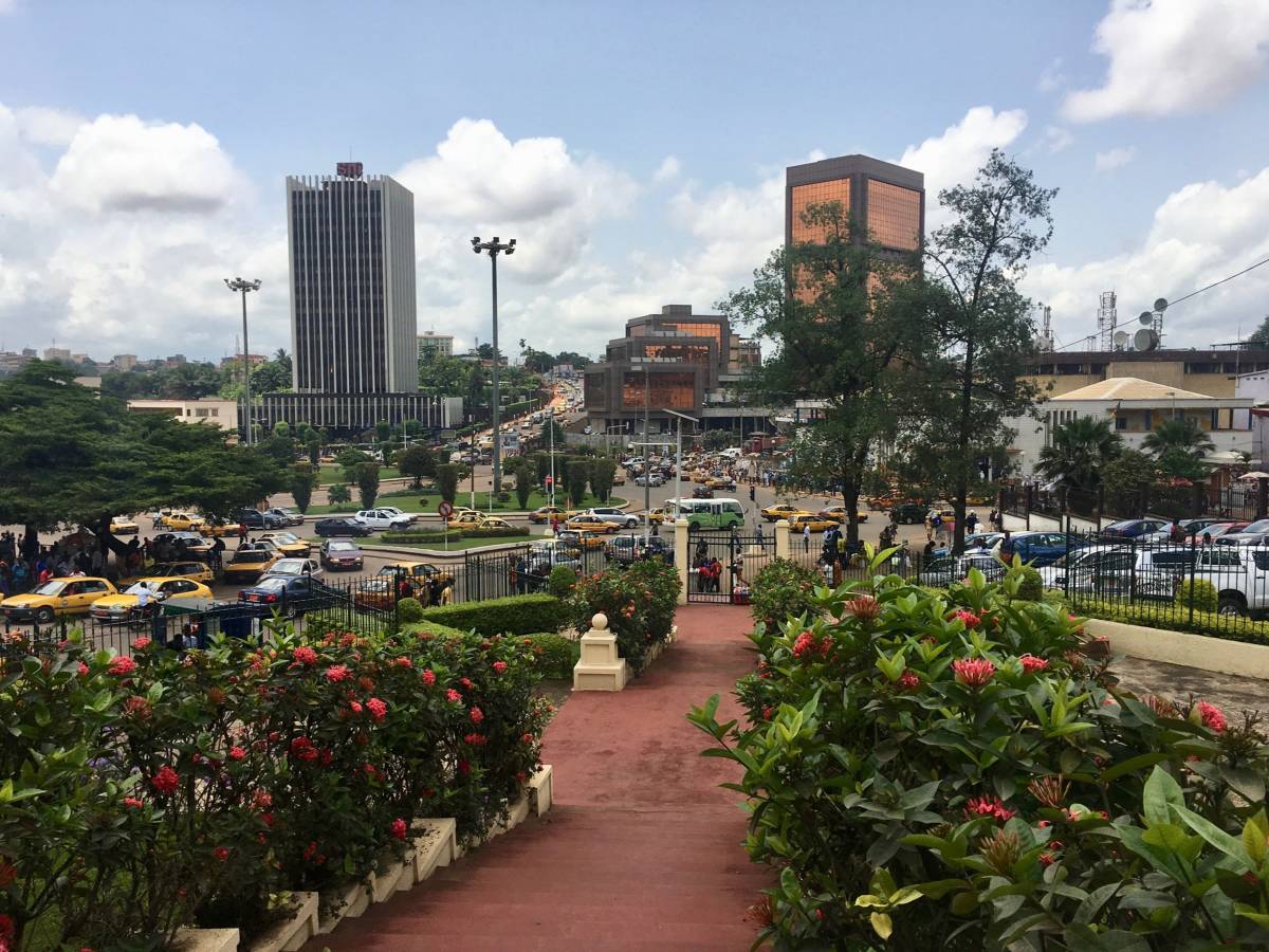 City center with taxis and tall buildings